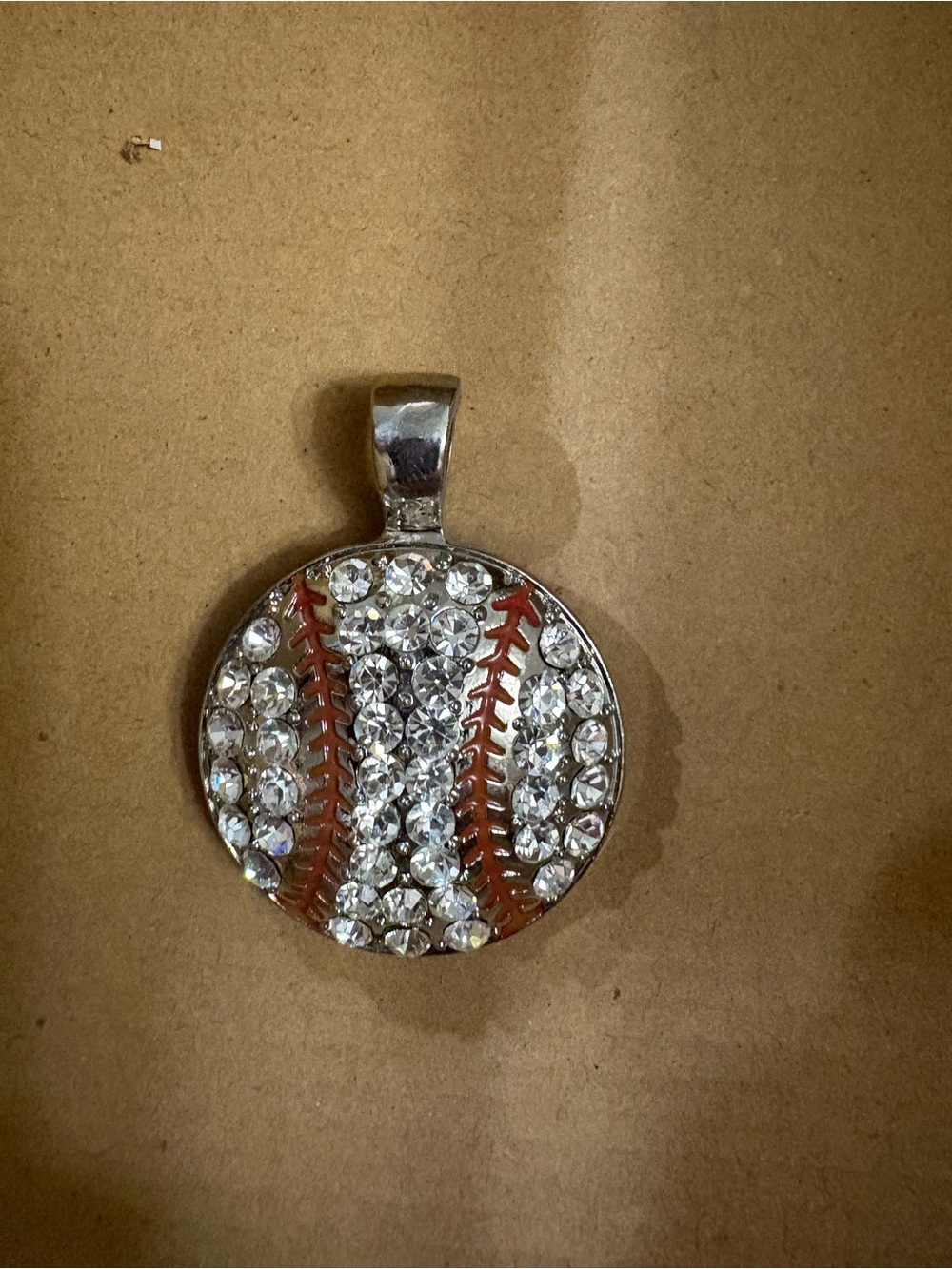 Crystal Rhinestone Baseball Pendant Necklace - Red and Silver